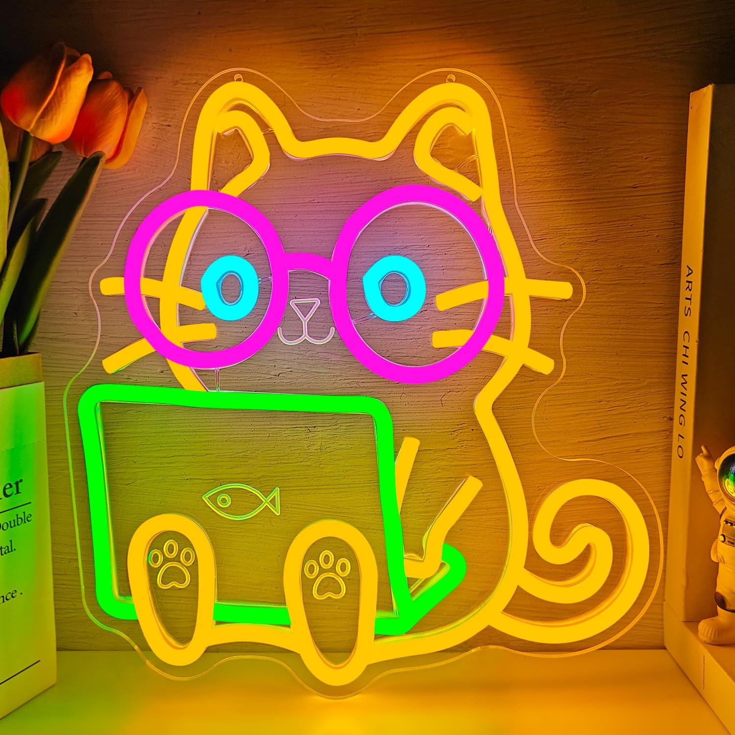 Tech Office Wall Decor - Kedi dizüstü bilgisayar Neon tabela USB